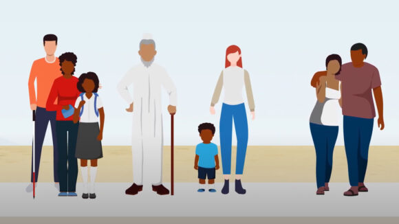 En stillbild från Sightsavers film om hälso- och sjukvårdssystem som visar en grupp människor i kö. En familj, en äldre man med käpp, en mor och ett barn och ett par.